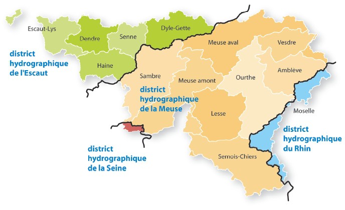 Carte des territoires des différents Contrats de Rivière par districts hydrographiques.